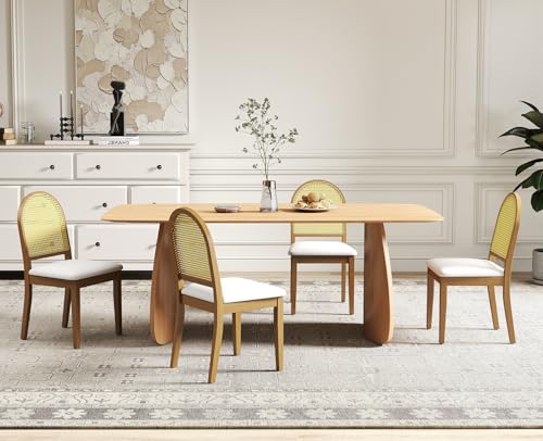 Kmax Farmhouse Rattan Dining Chairs Set of 4 Velvet Upholstered Dining Room Chairs with Cane Back for Kitchen, Brown Wood Frame