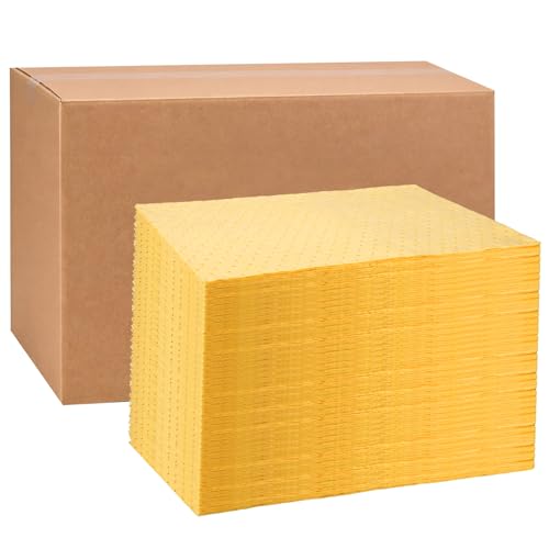 Hoolerry 100 Pcs Oil Absorbent Pads Bulk Heavy Weight Dimpled Garage Absorbing Pad Water Absorbent Mat Trimmable Oil Spill Mat for Garage Floor Workshop Auto Fluid Cleanup (15 x 17 Inch,Yellow) - color: Yellow, size: 15 x 17 Inch