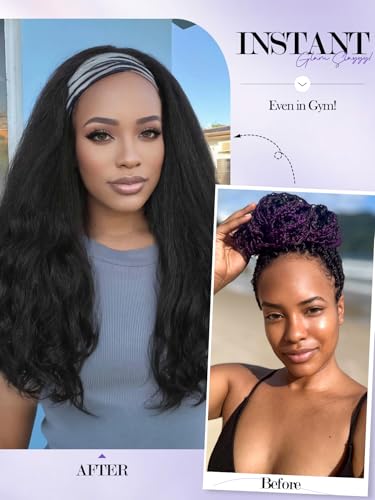 Yaki Wavy Headband Wigs Black Kinky Straight Wear and Go Half Wig with Curly Wavy Ends for Women on the Go Synthetic Headband Blow Out Style Natural Hair Texture for Black Women