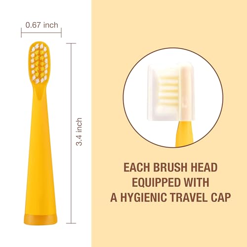 Vekkia Bear Buddy Kids Electric Toothbrush Replacement Heads, Soft End-Rounded 3D Curved Bristles for Small Mouths, Comfortable & Efficient Cleaning, Yellow, 10 Pack