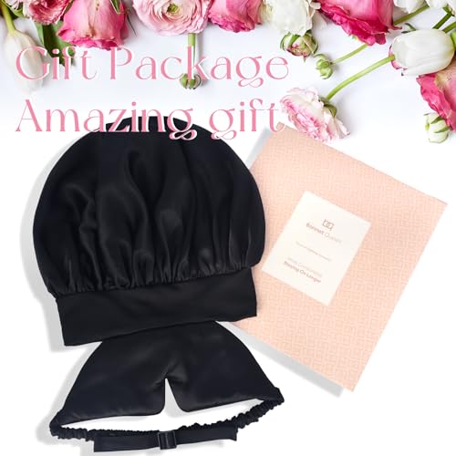 BONNET QUEEN Silk Bonnet for Sleeping Women Satin Bonnet with Eye Mask Non Slip Hair Wrap for Curly Hair Night Sleep Cap Black