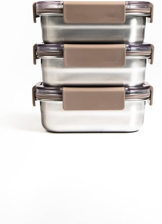 LocknLock Stainless Steel Food Storage Container - Airtight, Leak-proof, Stackable (310ml x 3) | Modular Design for Meal Prep, Lunch, Freezer & Dishwasher Safe