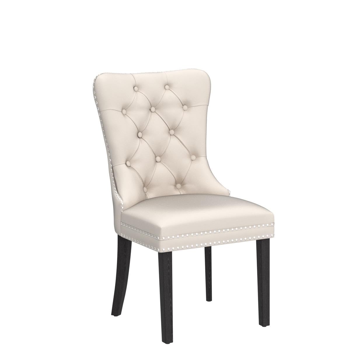 GOOLON Dining Room Chairs Set of 2, Velvet Button Tufted Dining Chairs with Rivet Trim Metal Pull Ring Wood Legs for Kitchen Restaurant Dining Room, Beige