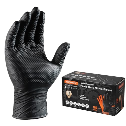 ANBOSON 10 Mil Heavy Duty Diamond Texture Nitrile Gloves, X-Large, 100 Ct | 10 Mil Diamond Grip, Heavy Duty Protection, Industrial Work, Automotive Repair, Mechanics, Equipment Maintenance, Secure Grip - color: Black of 100, size: X-Large