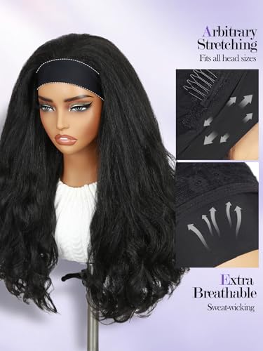 Yaki Wavy Headband Wigs Black Kinky Straight Wear and Go Half Wig with Curly Wavy Ends for Women on the Go Synthetic Headband Blow Out Style Natural Hair Texture for Black Women