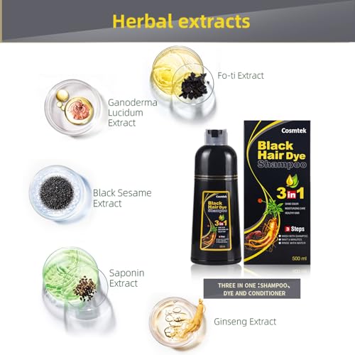 Black Hair Dye Shampoo for Gray Hair, Semi-Permanent Hair Color Shampoo for Women and Men, Herbal and No Ammonia, 3 in 1-100% Grey Coverage(16.9 Fl oz)