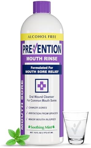 Prevention Mouth Sore Mouth Rinse, Canker Sore Treatment, Oral Pain Relief Mouthwash for Ulcers and Sores, Braces, with Hydrogen Peroxide, Alcohol-Free, Fluoride Free, 16 oz, Soothing Mint, 1 Pack