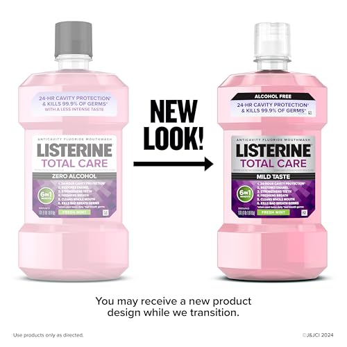 Listerine Total Care Alcohol-Free Anticavity Mouthwash, 6 Benefit Fluoride Mouthwash for Bad Breath and Enamel Strength, Fresh Mint Flavor, Twin Convenience Pack, 2 x 1 L