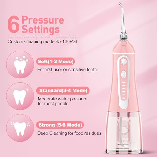 Water Dental Flosser Pick for Teeth,Grinest Cordless Water Dental pik Teeth Cleaner 7 Modes Rechargeable Oral Irrigator Portable IPX7 Waterproof Tooth flossing Cleaning for Home Travel-Pink