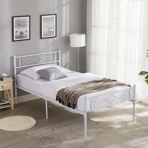 VECELO 14" Twin Size White Metal Platform Bed Frame with Headboard,Premium Steel Slat Support/No Box Spring Needed/Noise-Free/Easy Assembly