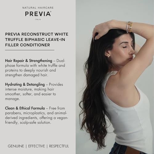 PREVIA Hydrating Leave-in Conditioner Spray with White Truffle Extract - Reconstructive Biphasic Detangling Treatment for Damaged, Dry, and Brittle Hair - Tames Frizz & Controls Static 6.7Floz