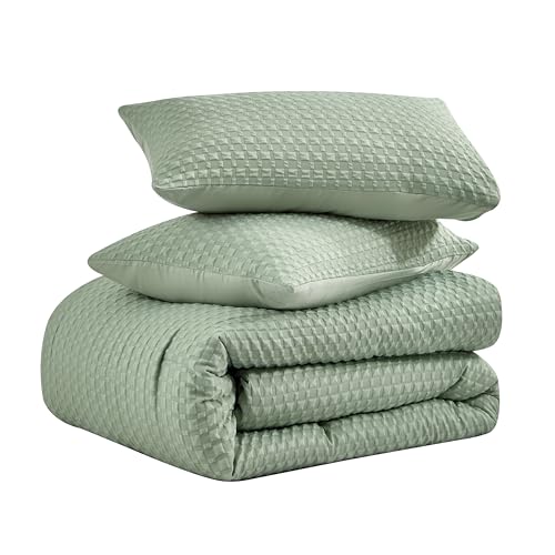 Arianaut 3-Piece Comforter Set – Checkered Seersucker comforters Quilt Set with Microfiber Fill – Includes 1 Comforter & 2 Pillowcases – Lightweight, Soft & Wrinkle-Resistant (Green, King)