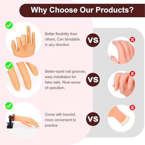 LIONVISON Practice Hand for Acrylic Nails: Flexible Mannequin Hand Model for Nails, Rubber Fake Training Manicure Hands with 240Pcs Ballerina Nail Tips
