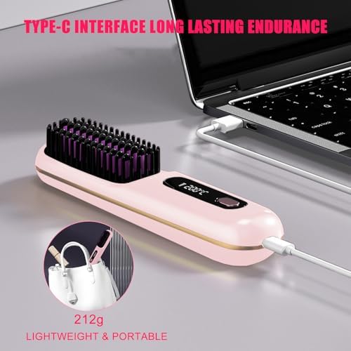 New gobrush pro 2025, Cordless Hair Straightener Brush-199 Million Negative Ions, 20S Fast Heat Up,3 Temperature Settings,4000mAh USB-C Rechargeable,Compact & Travel-Friendly with LED Display,Pink