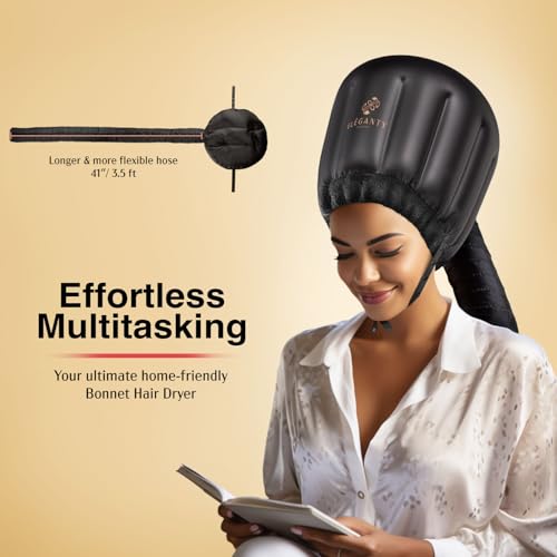 ELEGANTY Soft Bonnet Hood Hairdryer Attachment with Headband that Reduces Heat Around Ears and Neck to Enjoy Long Sessions - Used for Hair Styling, Deep Conditioning and Hair Drying (Black)