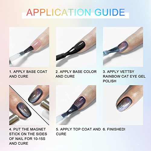 Vettsy Universal Rainbow Cat Eye Gel Nail Polish, Soak off Holographic Laser Cat Eye Gel Nail Polish Galaxy Chameleon Magnetic Gel with Magnetic Stick for Salon Designs and DIY Manicure Art 15ML