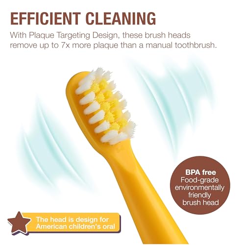 Vekkia Bear Buddy Kids Electric Toothbrush Replacement Heads, Soft End-Rounded 3D Curved Bristles for Small Mouths, Comfortable & Efficient Cleaning, Yellow, 10 Pack