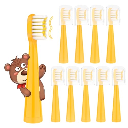 Vekkia Bear Buddy Kids Electric Toothbrush Replacement Heads, Soft End-Rounded 3D Curved Bristles for Small Mouths, Comfortable & Efficient Cleaning, Yellow, 10 Pack