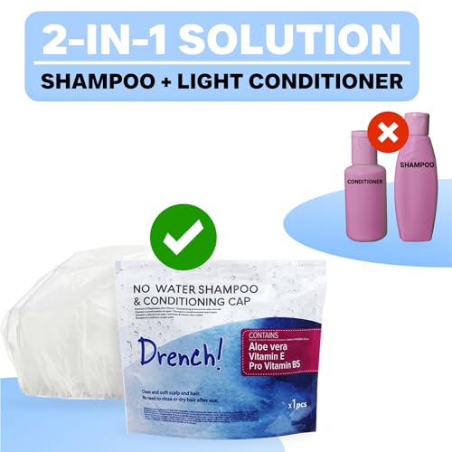 Drench No Water Hair Washing Cap - Waterless Shower Caps with Shampoo and Conditioner - Disposable Rinse Free Wash Aids - Ideal for Elderly and Disabled - Pack of 12