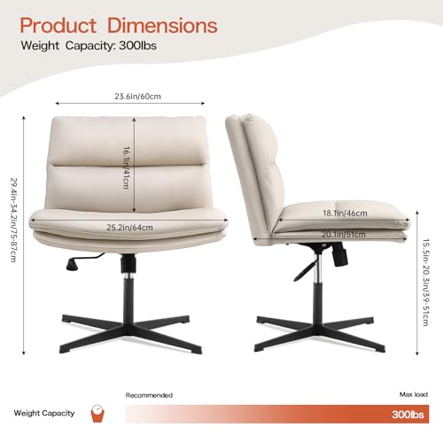 EMIAH Armless Office Desk Chair No Wheels PU-Padded Vanity Mid-Back Ergonomic Home Computer Comfortable Adjustable Swivel Task Chair with Thickened Cushion
