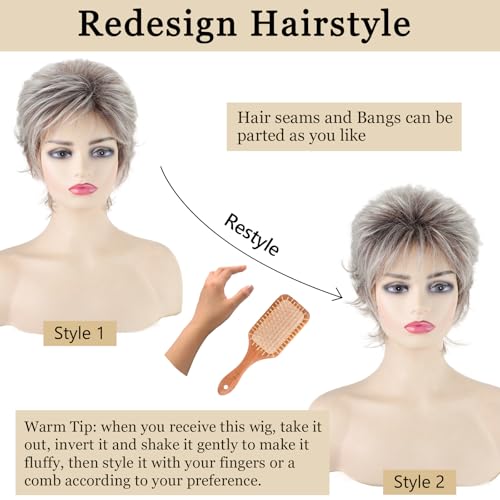TISHINING Layered Short Blonde Pixie Wigs for White Women Dark Brown Ombre Blonde Pixie Cut Wig with Bangs Synthetic Natural Looking Daily Party Wig