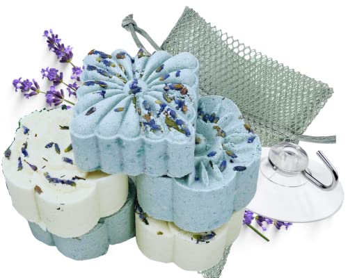 TRANQUILITY Shower Bombs w/Mesh Bomb Bag & Shower Hook | Relaxing Shower Steamers | Mothers Day Gift, Relaxation Birthday Gift, Stress Relief and Luxury Christmas Gift, Lavender Shower Bath Bombs