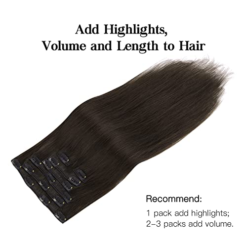 HOTBANANA Human Hair Clip in Hair Extensions, Dark Brown 120g Clip in Hair Extensions Real Human Hair Straight Remy Hair 14 Inch 7pcs