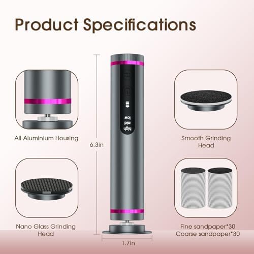 Electric Foot File Callus Remover for Feet: 2600mah Cordless Callus Remover for Feet Professional with 2 Grinding Head, 3 Speed 60 PCS Sandpaper Discs, Feet Dead Skin Sander Pedicure Tools for Women