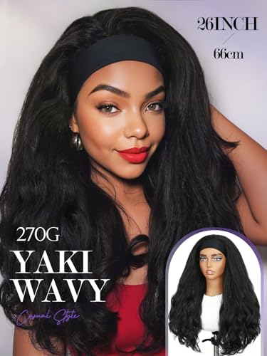 Yaki Wavy Headband Wigs Black Kinky Straight Wear and Go Half Wig with Curly Wavy Ends for Women on the Go Synthetic Headband Blow Out Style Natural Hair Texture for Black Women