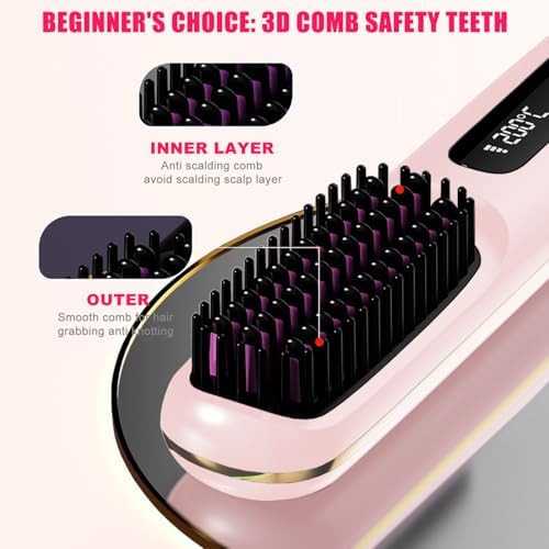 New gobrush pro 2025, Cordless Hair Straightener Brush-199 Million Negative Ions, 20S Fast Heat Up,3 Temperature Settings,4000mAh USB-C Rechargeable,Compact & Travel-Friendly with LED Display,Pink