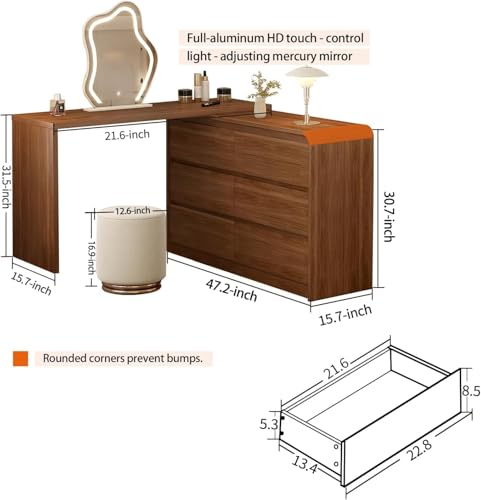 Makeup Vanity Desk with Touch Screen Mirror, 50-90 in Adjustable Sturdy Vanity Table Set with Chair, Bedroom Elegant Dressing Table for Women with 6-Drawer Rounded Corners Storage Cabinet, Brown
