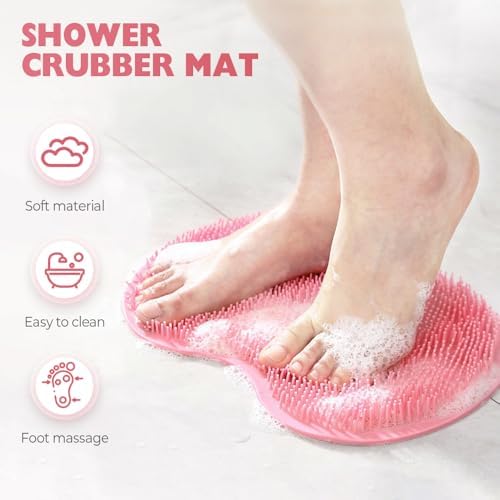 Silicone Shower Foot Scrubber Mat, 2025 Upgraded Shower Foot & Back Scrubber Massage Pad, Foot Back Cleaning Pad Wall Mounted Suction Cups Bath Wash Pad for Women Men (Blue)