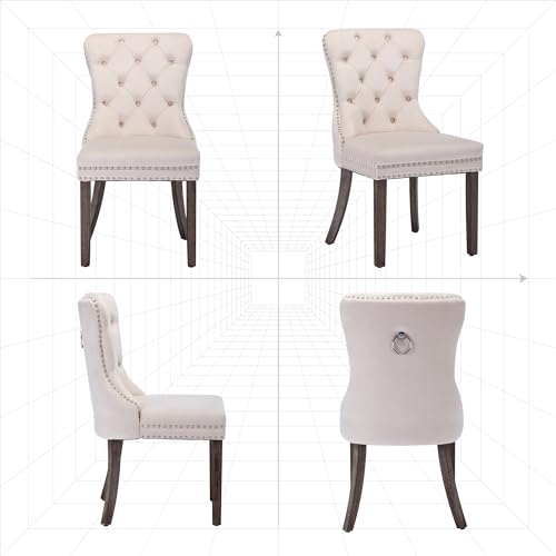 GOOLON Dining Room Chairs Set of 2, Velvet Button Tufted Dining Chairs with Rivet Trim Metal Pull Ring Wood Legs for Kitchen Restaurant Dining Room, Beige