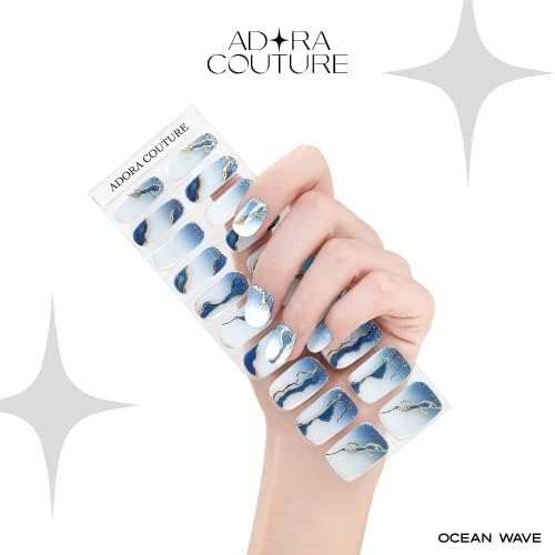 Semi Cured Gel Nail Strips with 20 Pieces, Salon Quality Nail Wraps for Women, Gold Foil Gradient Blue UV Gel Nail Stickers, UV Light Required, Ocean Wave