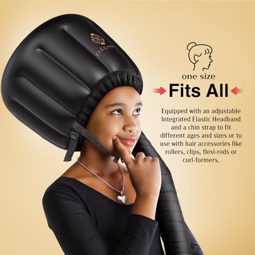 ELEGANTY Soft Bonnet Hood Hairdryer Attachment with Headband that Reduces Heat Around Ears and Neck to Enjoy Long Sessions - Used for Hair Styling, Deep Conditioning and Hair Drying (Black)