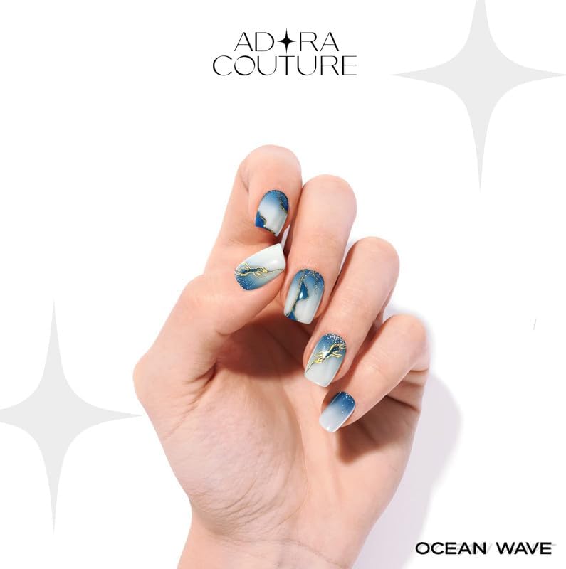 Semi Cured Gel Nail Strips with 20 Pieces, Salon Quality Nail Wraps for Women, Gold Foil Gradient Blue UV Gel Nail Stickers, UV Light Required, Ocean Wave