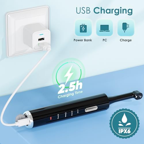 Tooth Polisher, Rechargeable Teeth Polisher with 5 Brush Heads, 4 Speed Modes, Tooth Whitening Kit for Cleaning and Polishing, LED Light, 3 Polish Pastes, IPX6 Waterproof Teeth Cleaning Tools, Black
