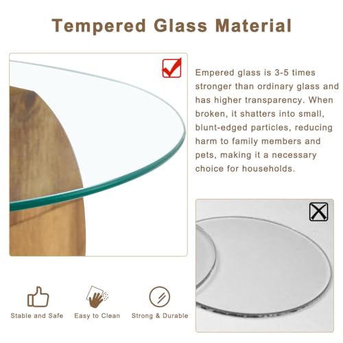 JCXINMZILY 35 Inch Glass Coffee Table，Round Coffee Table with 2-Tier Tempered Glass Tabletop，Easy to Clean Circle Coffee Table with Sturdy Base for Living Room，Office （Brown Colored Base）