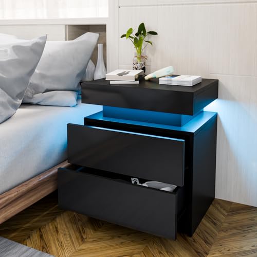HOMMPA LED Nightstand - Modern Black Night Stand with 2 High Gloss Drawers - 20.5' Tall