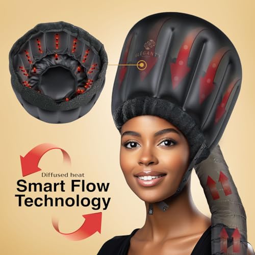 ELEGANTY Soft Bonnet Hood Hairdryer Attachment with Headband that Reduces Heat Around Ears and Neck to Enjoy Long Sessions - Used for Hair Styling, Deep Conditioning and Hair Drying (Black)