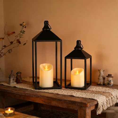 2 Pcs Black Decorative Metal Lanterns Farmhouse Lantern Decor with Candles (2 Count)