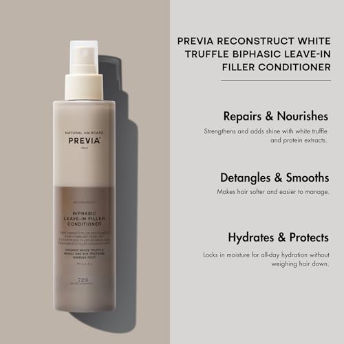 PREVIA Hydrating Leave-in Conditioner Spray with White Truffle Extract - Reconstructive Biphasic Detangling Treatment for Damaged, Dry, and Brittle Hair - Tames Frizz & Controls Static 6.7Floz