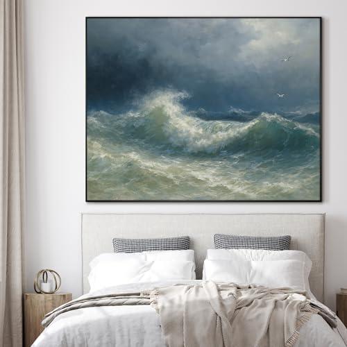 46"x60" Extra Large Framed Wall Art Dramatic Ocean Waves with Stormy Sky and Seagulls for Home Living Room Bedroom Decor