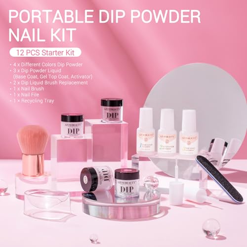 AZUREBEAUTY 4 Colors Dip Powder Nail Kit Starter, Transparent Nude Neutral Pink Glitter, Dipping Powder Set All Seasons, French Nail Art Base Top Coat Activator Liquid Manicure DIY Salon 12 PCS