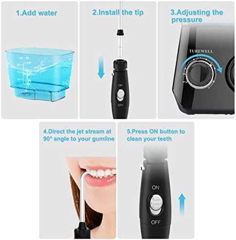 TUREWELL Water Flossing Oral Irrigator, 600ML Dental Teeth Cleaner 10 Adjustable Pressure, Electric Oral Flosser for Braces, 8 Replacement Jet Tips for Family (Black)