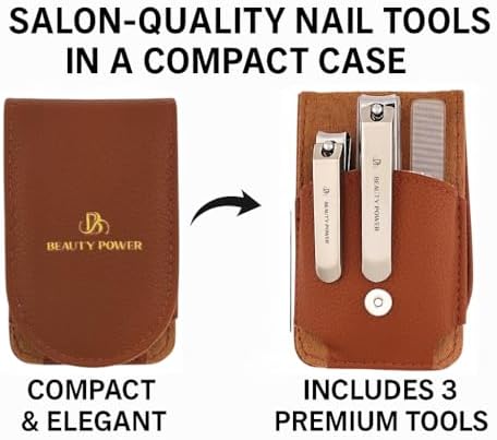 Nail Clippers Set 3 in 1 - Stainless Steel Toe Nail Clippers, Fingernail Clipper, Glass Nail File, Anti Splash, Ergonomic Grip in PU Leather Travel Case for Men & Women (Brown Case)