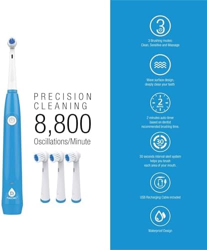 Pursonic Rotating Electric Toothbrush for Adults with 3 Brush Heads - Toothbrush Electric with 3 Cleaning Modes - USB Rechargeable Toothbrush with 2 Minute Smart Timer (White)