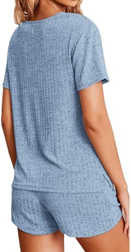 Womens Fashion 2 Piece Outfits Sweatsuits Ribbed Knit Summer Short Sleeve Loungewear V Neck Lounge Set