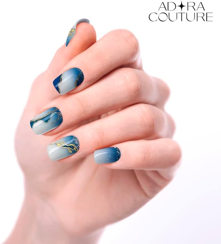 Semi Cured Gel Nail Strips with 20 Pieces, Salon Quality Nail Wraps for Women, Gold Foil Gradient Blue UV Gel Nail Stickers, UV Light Required, Ocean Wave
