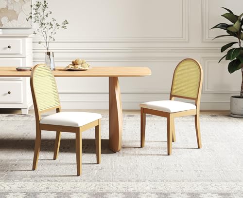 Kmax Farmhouse Rattan Dining Chairs Set of 4 Velvet Upholstered Dining Room Chairs with Cane Back for Kitchen, Brown Wood Frame